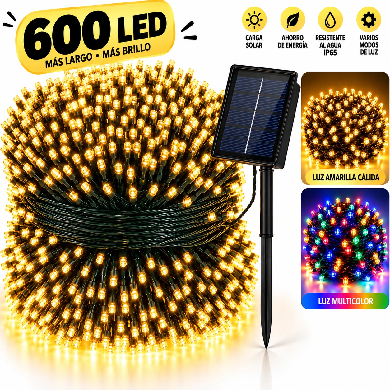 Luces solares 600 LED con panel solar, en luz cálida o multicolor
