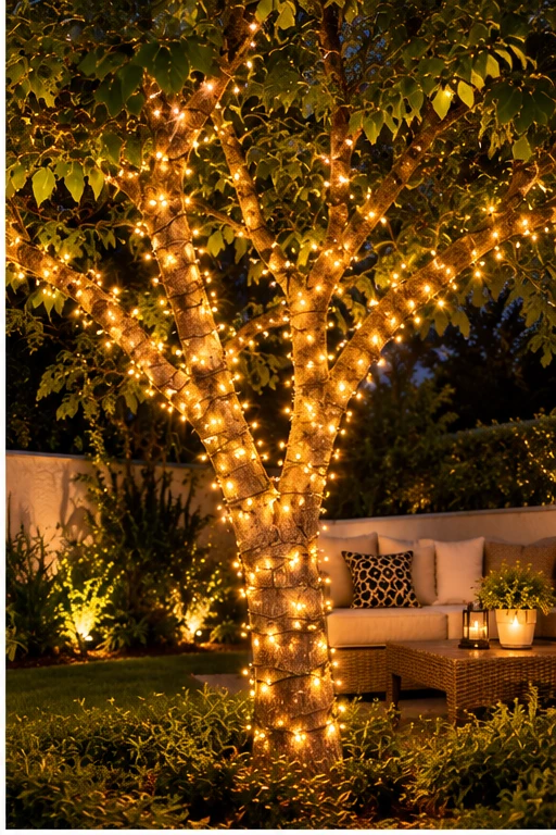 Árbol del jardín con luces