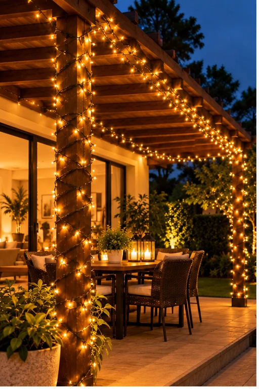 Terraza decorada con luces cálidas